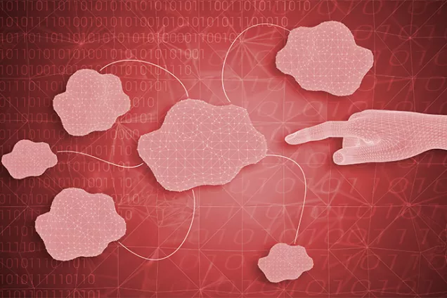 Red graphic illustration of a digital hand pointing to a digital cloud
