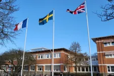 Flags in front of a building.