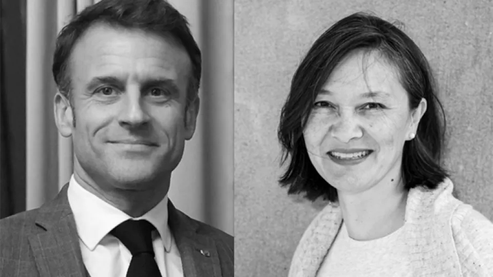 Photos of President Emmanuel Macron and Professor Sylvia Schwaag Serger