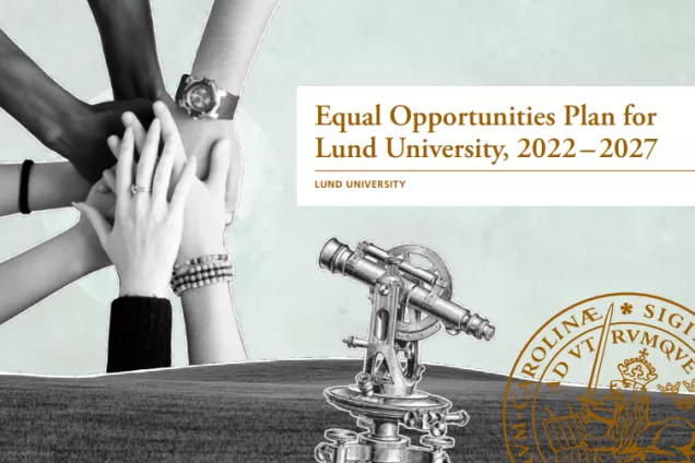 Digital front of a booklet reading "Equal Opportunities Plan for Lund University, 2022 - 2027". The background is a graphic collage of a landscape, hands and a telescope. 