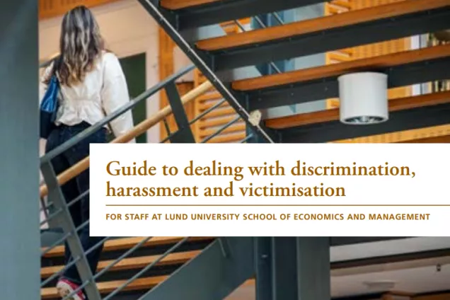 A digital cover of a booklet, reading "Guide to dealing with discrimination, harassment and victimisation". The background is a person walking up the stairs. 
