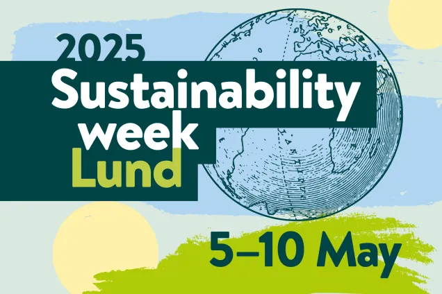 Sustainability Week webb.jpg Text that says 2025 Sustainability Week Lund 5-10 May, on a blue and green background. Graphic design image.