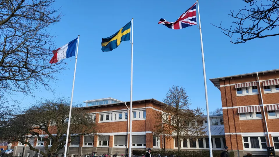 Flags in front of a building.