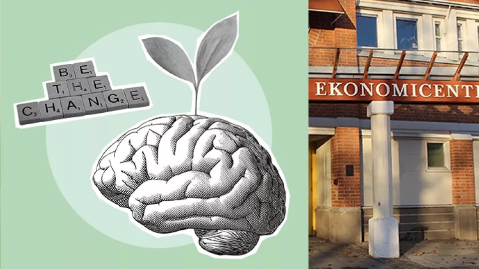 Graphic illustration of a human brain and halg a photo of an office building