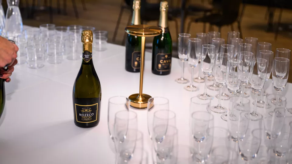 Glasses and non alchoholic sparkling wine on table for celebration