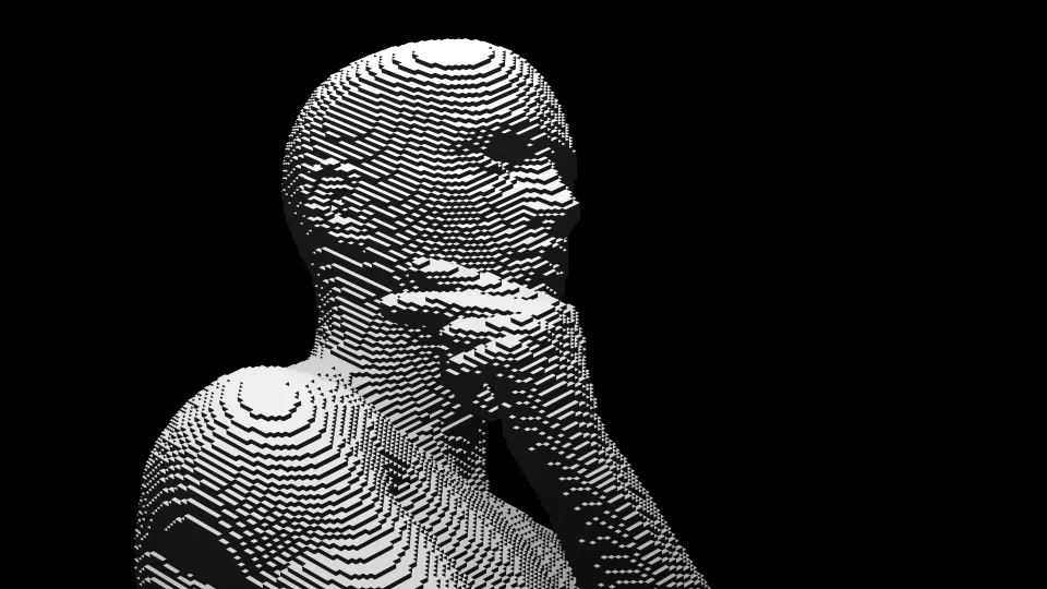 Graphic image. Man made out of pixels, thinking. 