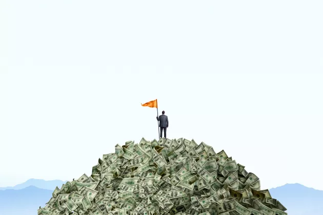 A man holding a flag, standing on a pile of money. Illustration.