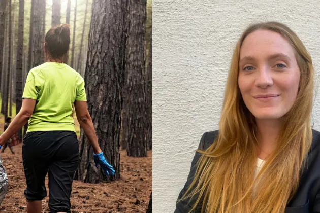 Photos of litter in the woods and women.