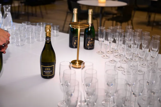 Glasses and non alchoholic sparkling wine on table for celebration
