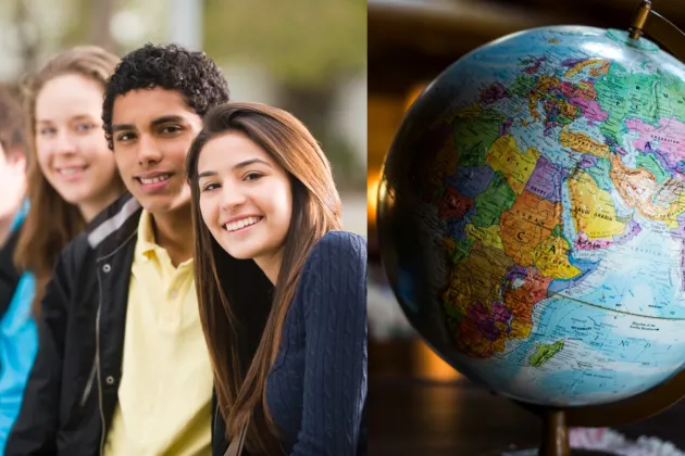 Collage of photo of people and a globe.