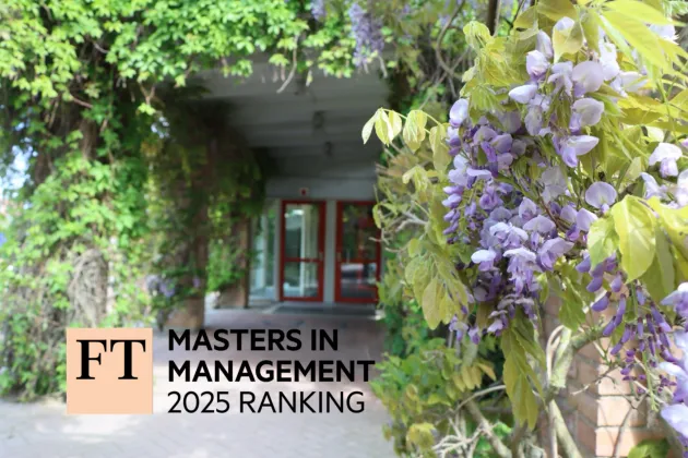 Photo of an entrance with flowers combined with a logo