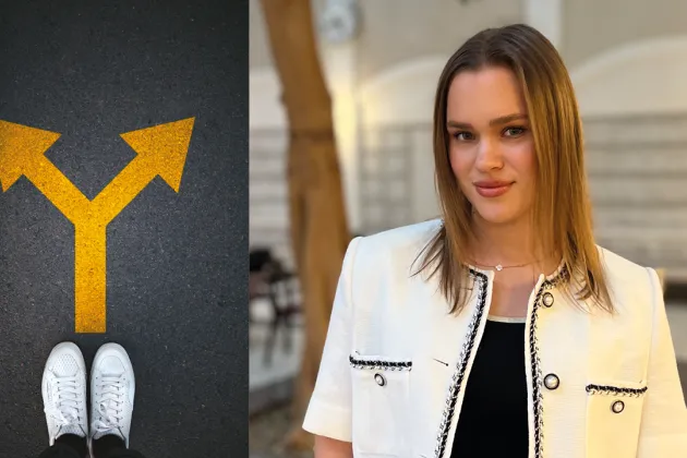 Crossroad with arrows and photo of Liza. Collage.