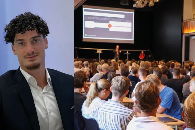 Profile photo and a photo of a lecture in a big lecture hall. Collage.