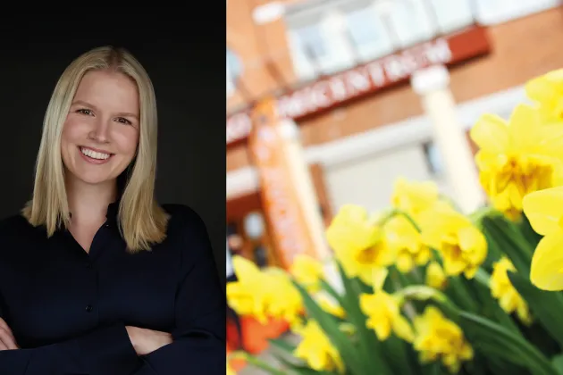 Profile picture of young woman. Entrance to university building. Photo collage.