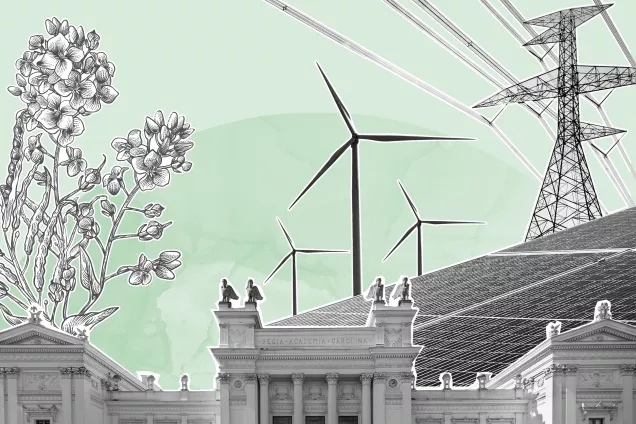 Graphic illustation of main university building with wind power and electrical air wiring in the background. Graphic illustration
