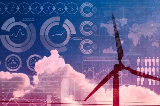 A graphic with a windmill and stats