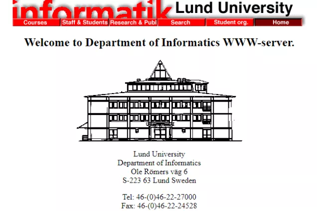 Screenshot of the Informatics website in 1997. A red graphic title "Informatics". Below the menu options, there is a black and white illustration of Holger Crafoords building.