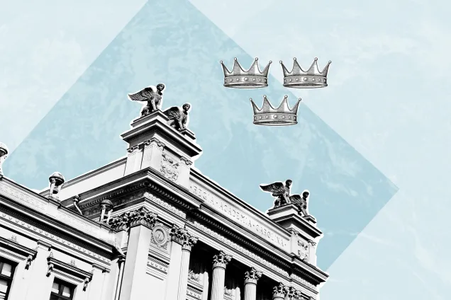 Collage with the University building, three crowns and some stripes and boxes. Illustration.