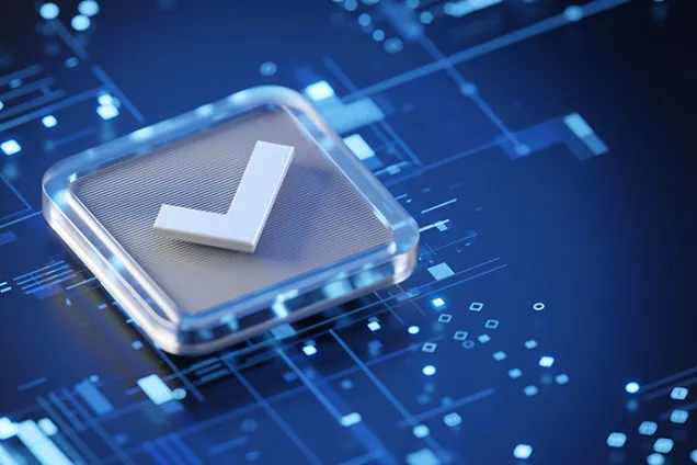 3d graphic with a blue digital background and a check box.