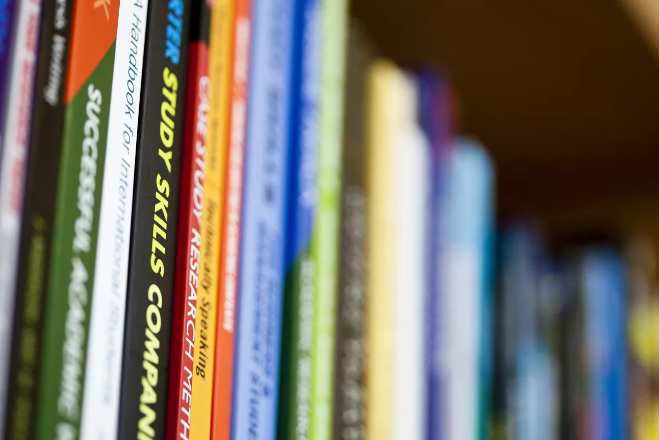 Photo of books on a shelf.