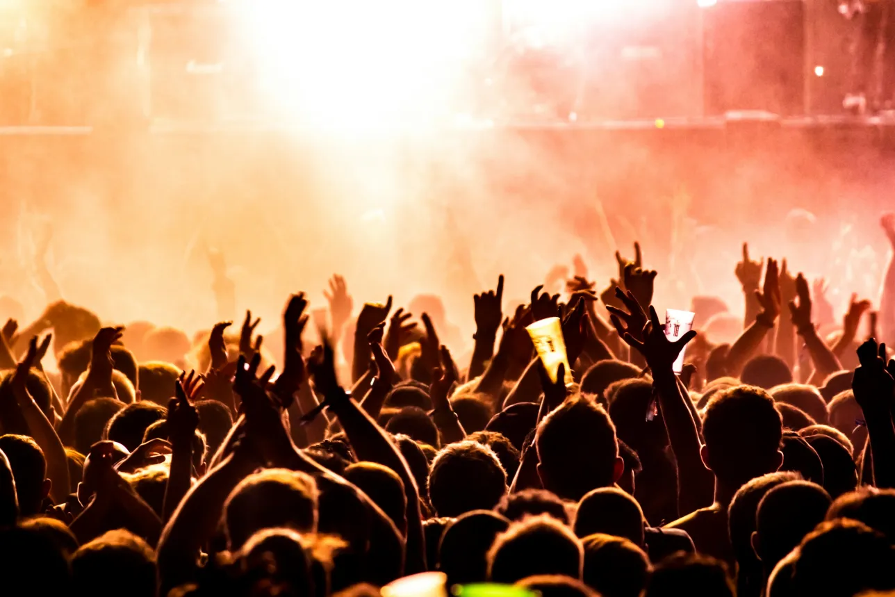 Heads of a huge concert crowd from behind in front of a stage. Photo
